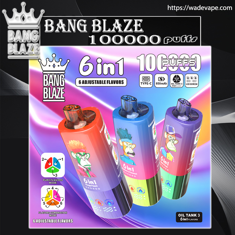 Colourful product packaging for Bang Blaze disposable vapes showing three cylindrical devices with illustrated ape characters, labelled 6‑in‑1 adjustable six flavours and 100000 puffs with icons for Type‑C charging and 850mAh battery.