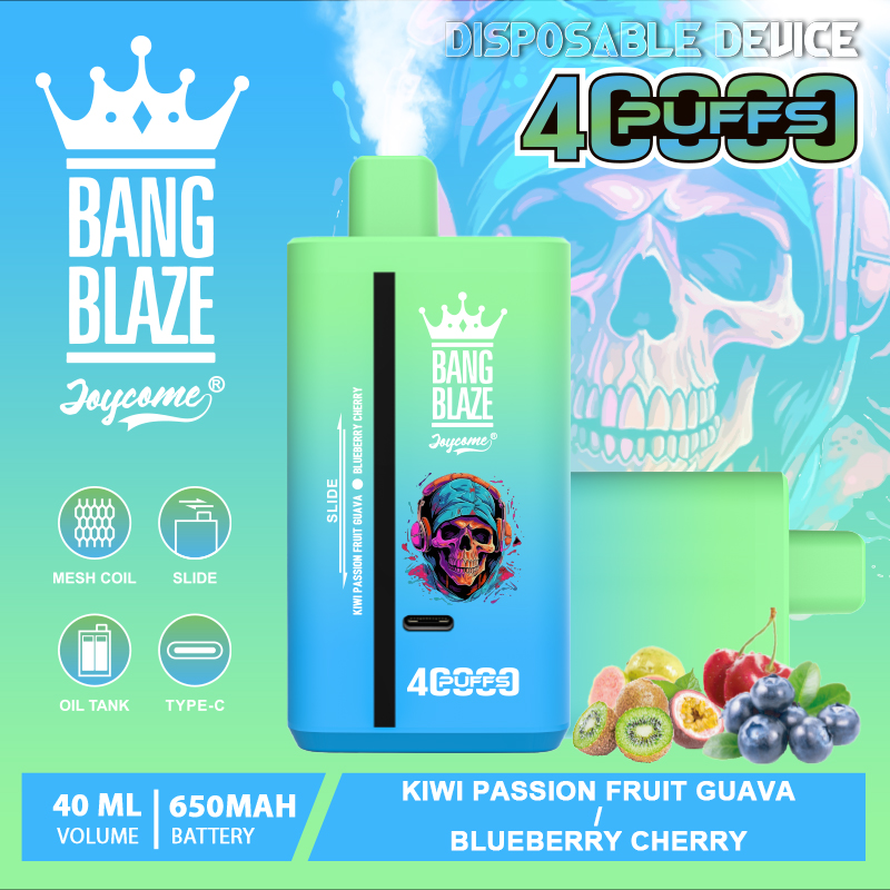 Promotional graphic for Bang Blaze Joycome disposable device featuring a turquoise-to-green vape unit with crown logo and '4 PUFFS' label, accompanying fruit illustrations (kiwi, passion fruit, guava, blueberry, cherry), icons for mesh coil, slide, oil tank and Type-C, specs '40 ML' and '650MAH', and a pastel skull artwork in the background.