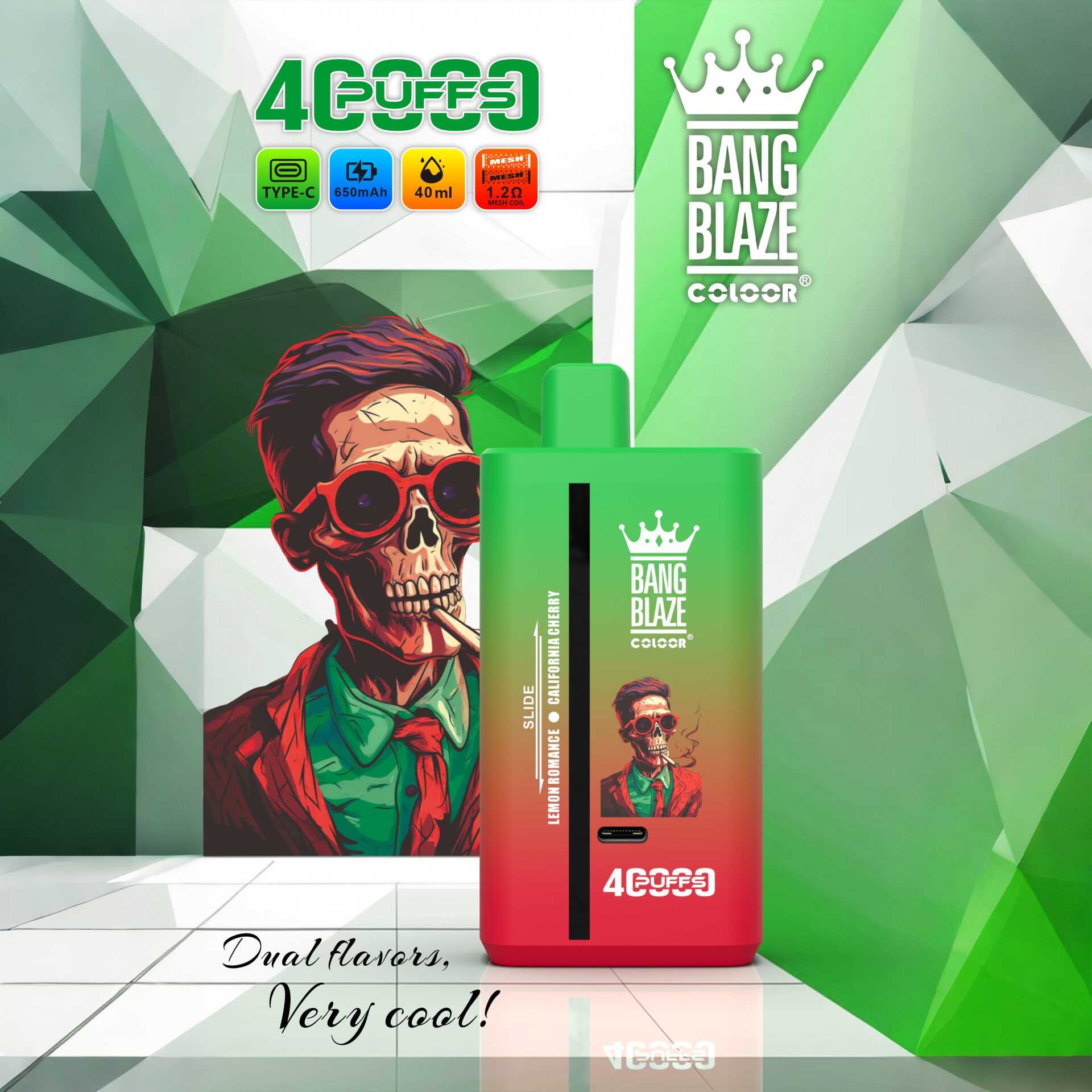 A green-to-red gradient rectangular vape device branded "Bang Blaze Colour" with a crown logo stands on a reflective tiled surface against a faceted green-and-white geometric background featuring a stylised red-suited portrait, product icons for Type‑C, 650mAh, 40ml and 1.2Ω, and the slogan "Dual flavors, Very cool!".