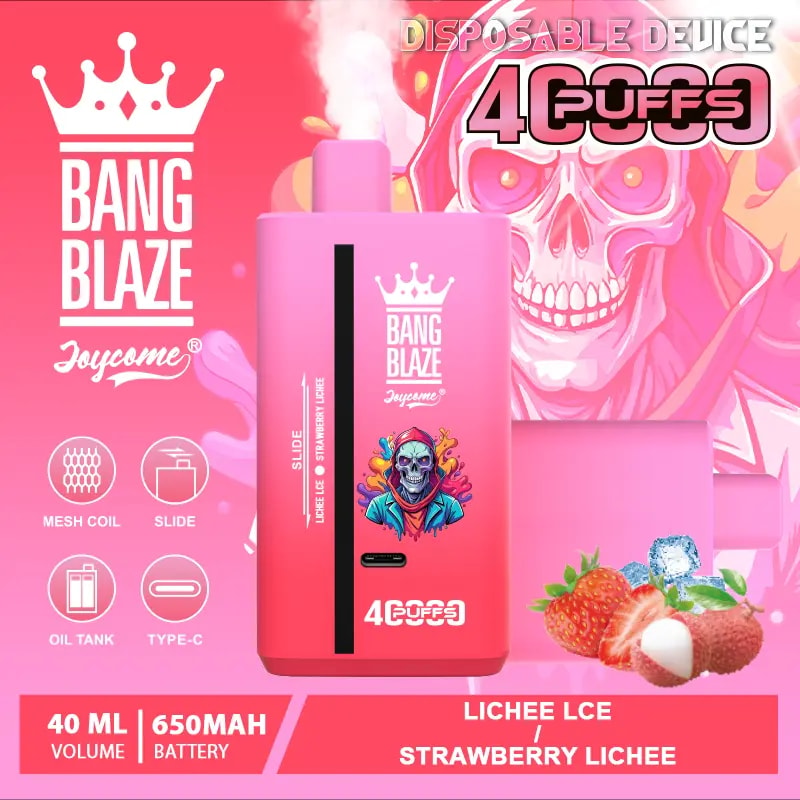 Bright pink promotional image for a Bang Blaze Joycome disposable vape device showing the rectangular pink device with crown logo and flavour label, icons for mesh coil, slide, oil tank and Type‑C, text indicating 40 ml volume and 650 mAh battery, and illustrations of strawberries, lychee fruit and ice to indicate lichee ice/strawberry lichee flavour.