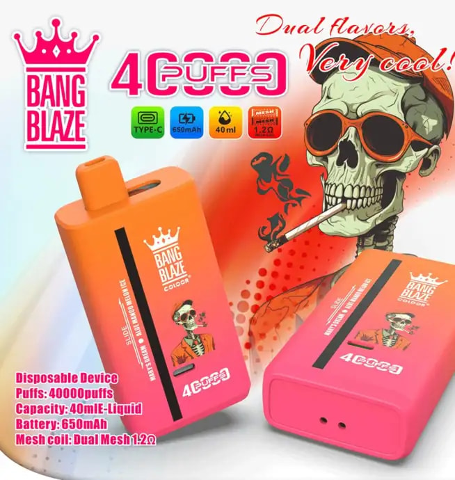 Advertising image of two orange-pink gradient Bang Blaze disposable vape devices, one upright and one on its side, featuring a cartoon skull wearing sunglasses and a beanie smoking a cigarette, with text and icons indicating 40,000 puffs, Type-C charging, 650mAh battery, 40ml e-liquid capacity and dual mesh 1.2Ω coil.