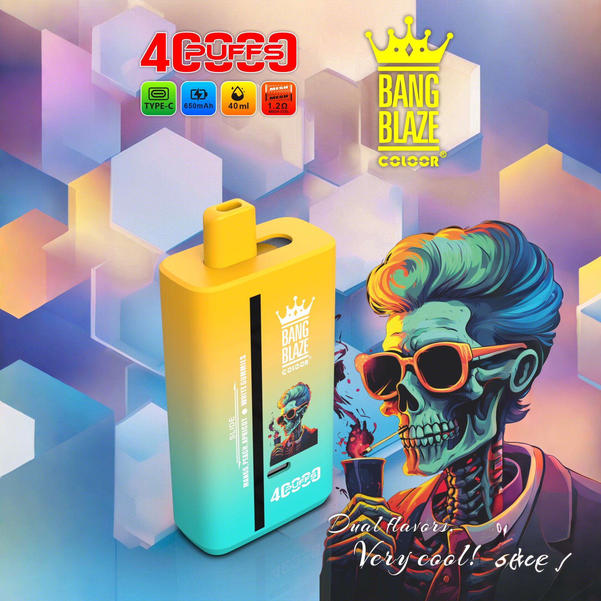 Bright, stylised advertisement featuring a gradient yellow-to-teal rectangular vape device with a top mouthpiece and Bang Blaze crown logo, pictured next to a colourful illustrated skull with teal pompadour hair and sunglasses sipping from a cup, all set against a pastel hexagonal geometric background with product icons for Type‑C, 650mAh and 40ml.