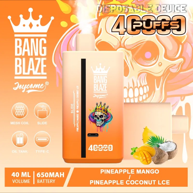 Promotional image of a peach‑orange Bang Blaze disposable vape showing a rectangular device with a colourful crowned skull graphic, a large stylised skull in the background, pineapple, mango and a halved coconut indicating flavours, and labels reading Pineapple Mango / Pineapple Coconut Ice, 40 ml and 650 mAh.