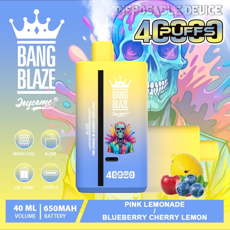 Yellow-to-blue gradient disposable vape device branded Bang Blaze Joycome with skull artwork and a '4 puffs' label, set against a colourful splatter background with fruit images and text/icons noting mesh coil, slide, oil tank, Type-C, 40 ml volume, 650 mAh battery and flavours Pink Lemonade / Blueberry Cherry Lemon.