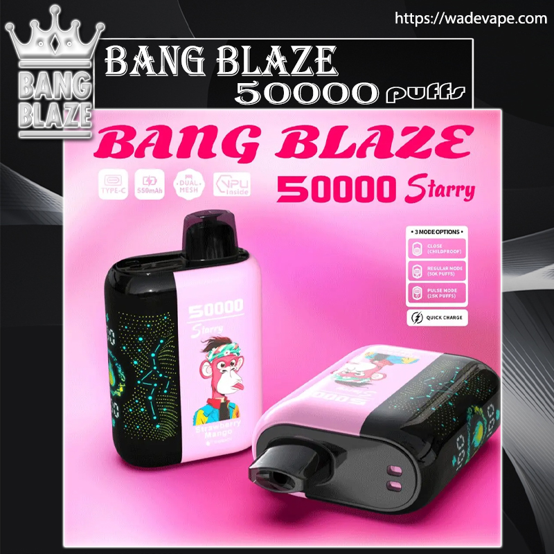 Promotional image of two pink-and-black Bang Blaze disposable vapes labelled '50000 Starry' with a cartoon monkey graphic, shown on a pink background alongside the crown brand logo, product feature icons and a '3 mode options' information panel.