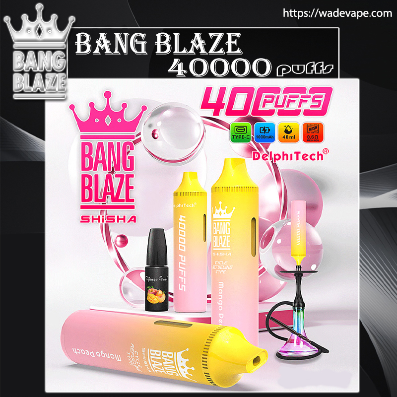 Three gradient yellow-to-pink Bang Blaze Shisha disposable vape devices with crown logo and prominent "40000 puffs" branding, shown with glossy pink bubbles, a small stylised hookah and product icons on a white and black promotional background.