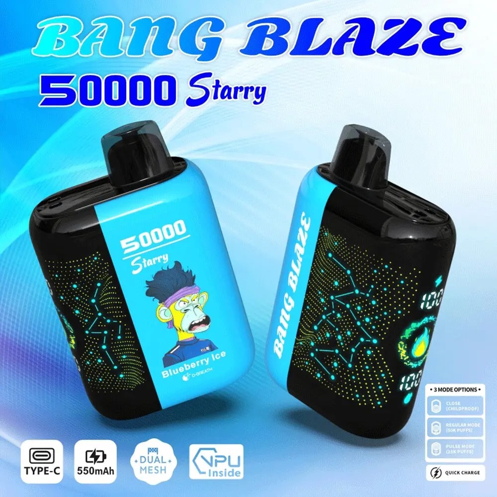 Two blue-and-black 'Bang Blaze 50000 Starry' disposable vape devices on a blue gradient background; one shows a cartoon monkey with the 'Blueberry Ice' label, the other a dotted constellation pattern with an LED battery readout, and small icons indicating Type-C, 550mAh, dual mesh and NPU inside.