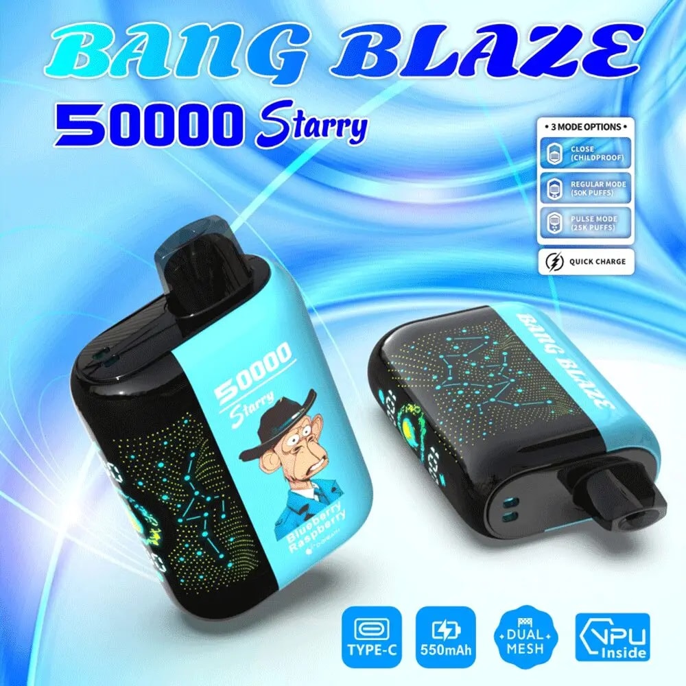 Two blue-and-black Bang Blaze “50000 Starry” vape devices on a swirled blue background — one standing showing a cartoon monkey in a hat with “Blueberry Raspberry” text, the other lying flat with constellation-style dot patterns, plus small icons indicating mode options, Type-C, 550mAh and dual-mesh features.