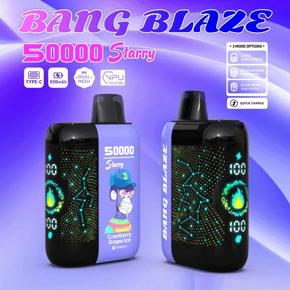 Two rectangular Bang Blaze 50000 Starry vaping devices with black-and-purple casings featuring dotted starry circuit patterns, LED readouts and flame icons, one displaying a cartoon monkey label and the flavour 'Cranberry Grape Ice' against a purple gradient background.