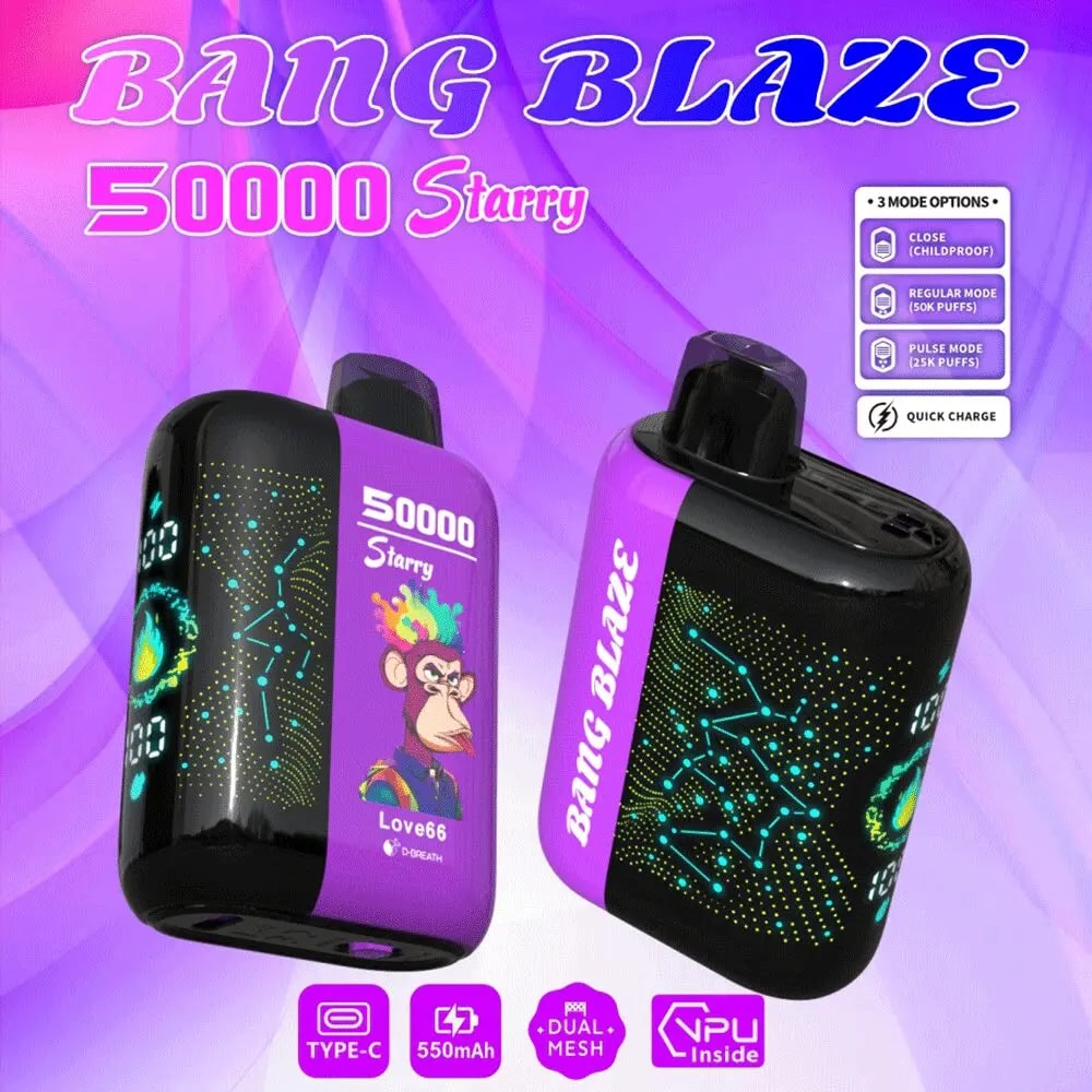 Two purple-and-black Bang Blaze 50000 Starry disposable vape devices with neon constellation dot patterns, a rainbow-haired cartoon ape logo and visible labels reading 50000 Starry and Bang Blaze, plus small icons and text noting mode options and features (Type-C, 550mAh, dual mesh, VPU inside) against a purple gradient background
