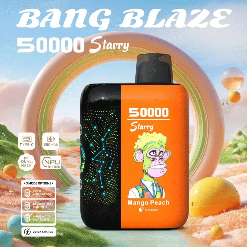 Promotional image of a Bang Blaze 50000 Starry disposable vape in black and orange featuring a green‑haired cartoon ape illustration and the 'Mango Peach' label, set against a pastel landscape with a rainbow ring and small icons indicating Type‑C charging, 550mAh, dual‑mesh, VPU inside, three modes and quick charge.