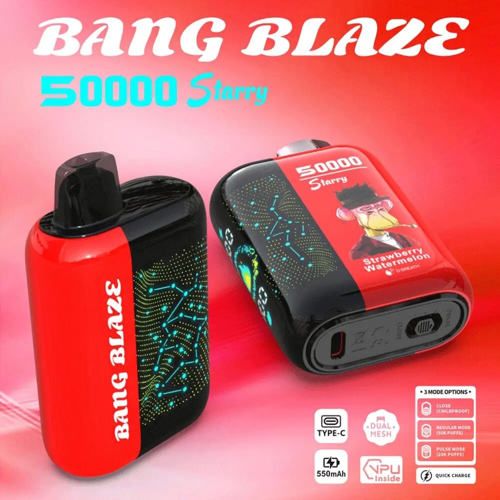 Two red-and-black Bang Blaze disposable vape devices labelled 50000 Starry and Strawberry Watermelon against a red gradient background, featuring constellation-style turquoise dot patterns, a cartoon character on one unit and small icons for Type-C charging and specifications.