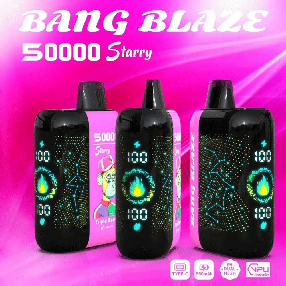 Three black Bang Blaze disposable vape devices with neon constellation-style LED displays and a central flame icon, shown on a bright pink backdrop with large "BANG BLAZE 50000 Starry" text and a pink side panel featuring a cartoon ape, plus small icons for Type‑C, 550mAh, dual mesh and VPU inside.