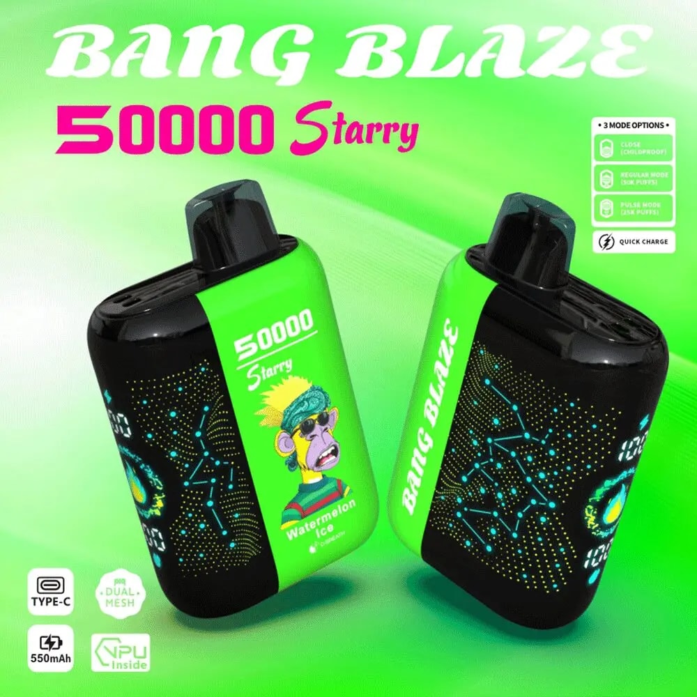 Two green-and-black BANG BLAZE 50000 Starry vape devices on a bright green background, one showing a cartoon monkey labelled 'Watermelon Ice' and the other showing constellation-style dot graphics, with visible branding and small icons for Type-C, quick charge, 550mAh and mode options.