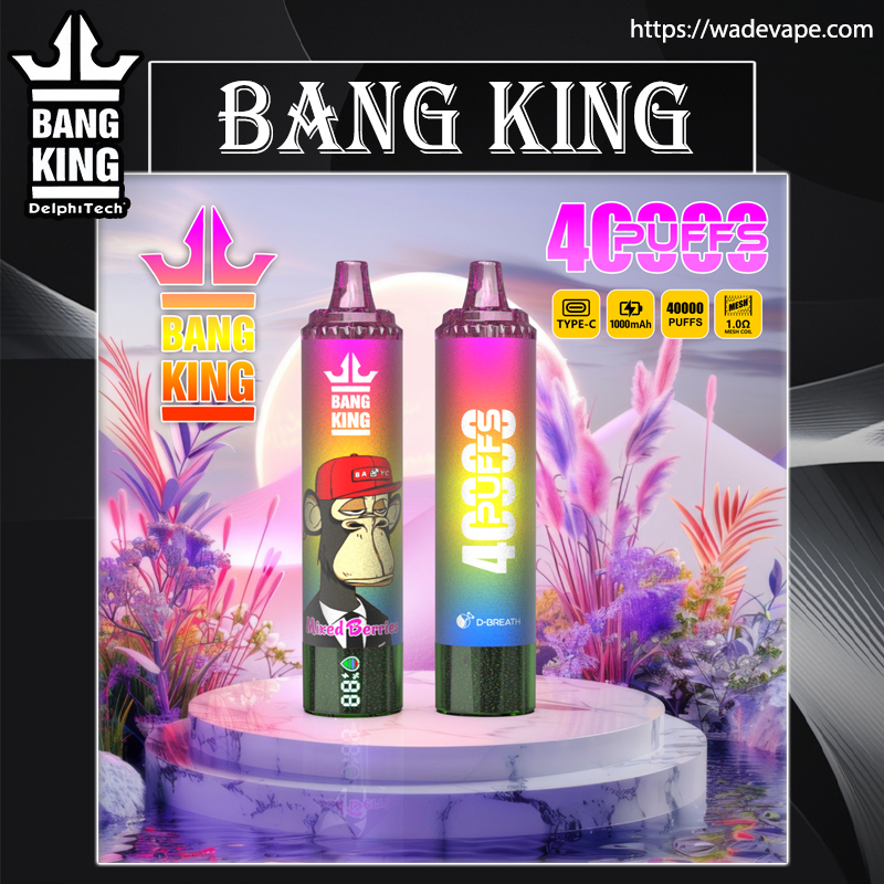 Two colourful Bang King disposable vape devices on a round marble pedestal in a pastel floral scene: one features a cartoon ape and 'Mixed Berries' label, the other displays a vertical '4 PUFFS' gradient logo; the ad also shows the Bang King logo, icons for Type‑C, 1000 mAh, 40,000 puffs and mesh coil, and a website URL.