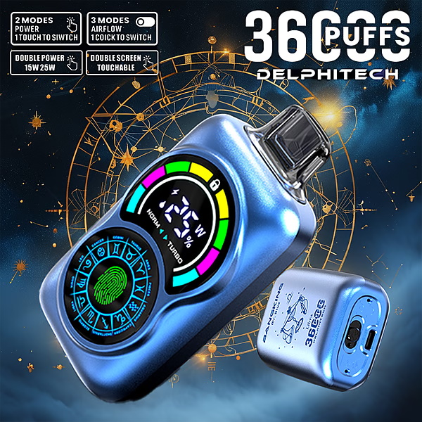 Metallic blue Delphitech vape device with a colourful circular digital display and fingerprint-style touch pad, a detached pod alongside, set against a starry astrological diagram background with small feature callouts.