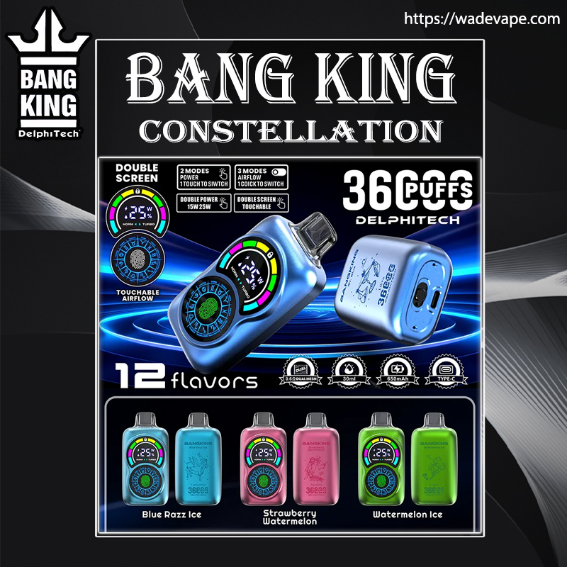 Promotional poster for the Bang King Constellation disposable vape showing metallic blue, pink and green devices with round digital touchscreens and touchable airflow rings, Delphitech branding, and text highlighting 12 flavours and claims of thousands of puffs.