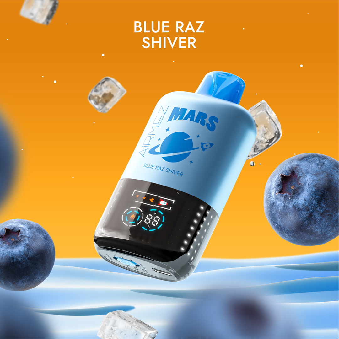 Blue capsule-shaped vape device labeled 'MARS' and 'Blue Raz Shiver' with a glossy digital display floats above a wavy blue surface surrounded by blueberries and ice cubes against a bright orange background.