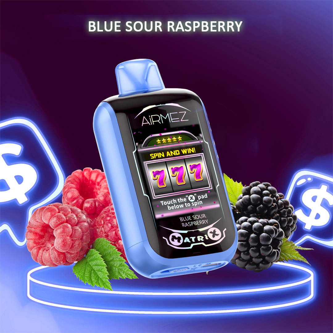 Blue AiRMEZ 'Blue Sour Raspberry' pod device showing a slot-machine screen with 777, set on a glowing circular platform amid raspberries and blackberries and neon dollar signs on a purple background.