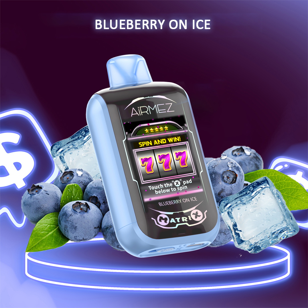 A glossy pale-blue vape pod branded 'AiRMEZ' displaying a slot-machine 'Spin and Win' 777 screen, set among blueberries and ice cubes on a neon purple background with the title 'BLUEBERRY ON ICE' above.