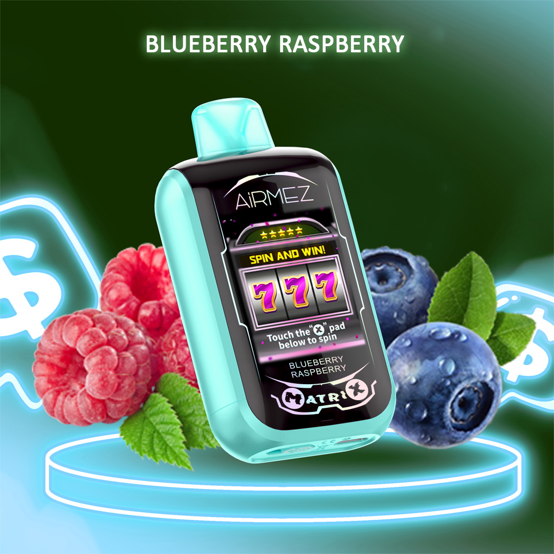 Turquoise AiRMEZ vape device with a slot-machine style screen showing '777' and labelled 'Blueberry Raspberry', positioned on a glowing circular pedestal with fresh blueberries and raspberries and neon dollar signs in the background.