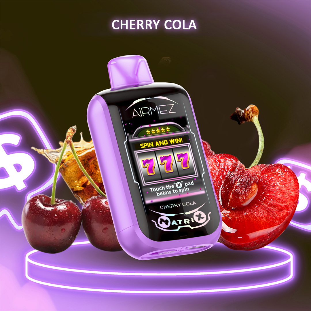 Purple AiRMEZ Cherry Cola vape device with a slot‑machine style screen displaying SPIN AND WIN and triple 7s, set on a glowing purple pedestal surrounded by whole and halved cherries and a cola splash against a neon background