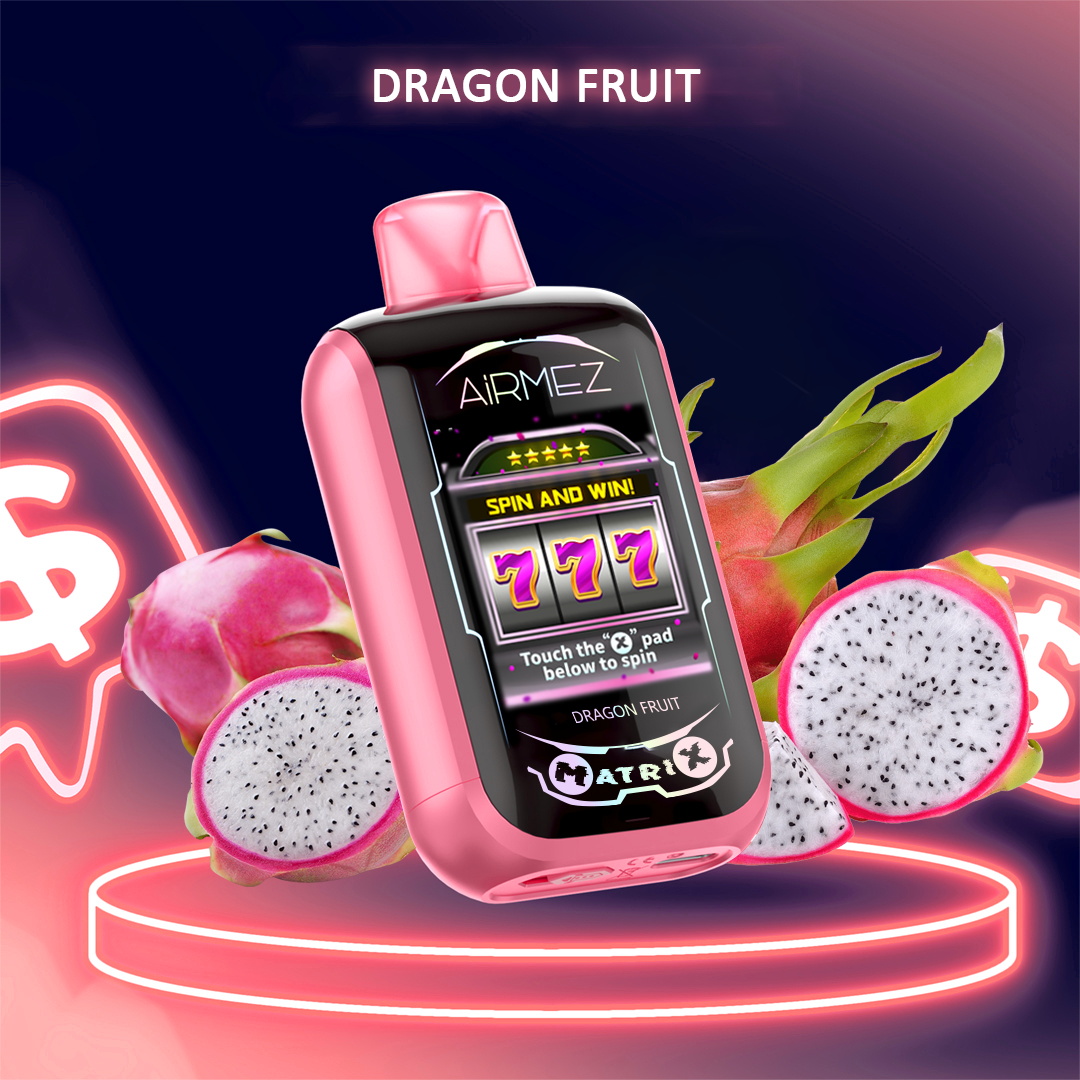 Pink AiRMEZ vape device with a slot-machine style screen showing '777' and 'Spin and Win', perched on a glowing neon pedestal and surrounded by whole and sliced white-fleshed dragon fruits beneath a 'DRAGON FRUIT' heading.