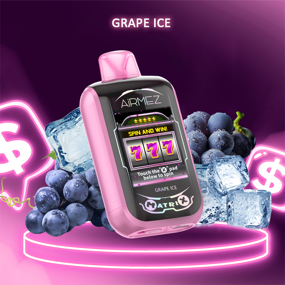 Pink AirMEZ grape ice vape device with a slot-machine style 'Spin and Win' screen showing triple 7, surrounded by grapes, ice cubes and neon dollar-sign graphics on a purple background
