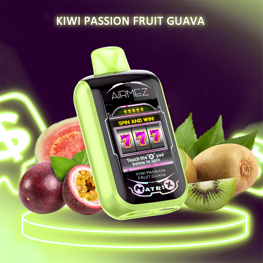 Lime-green AiRMEZ vape device showing a slot-machine style screen reading SPIN AND WIN with 777, standing on a glowing neon platform surrounded by sliced kiwi, passion fruit and guava against a purple background.