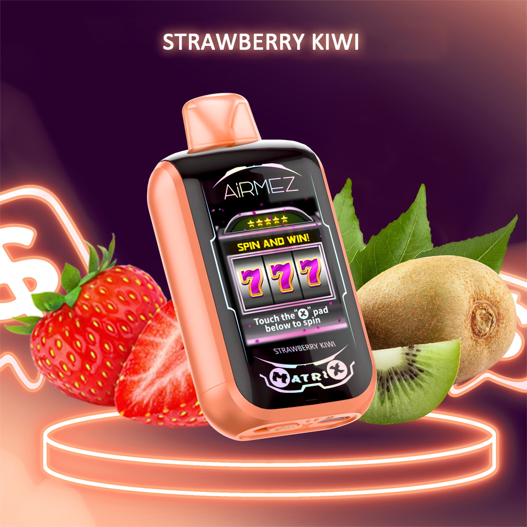 Peach‑coloured Airmez portable vape with a slot‑machine style screen showing 777 and 'Spin and Win', displayed between a sliced strawberry and a kiwi on a glowing circular platform with the words 'STRAWBERRY KIWI' above.
