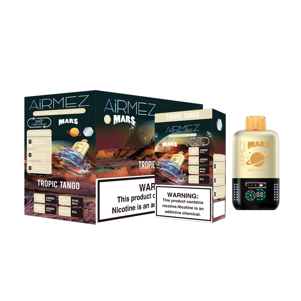 Pack of Airmez Mars 'Tropic Tango' rechargeable disposable vapes showing two Mars-themed product boxes with prominent nicotine warning labels and a gold-and-black pod device bearing a planet logo and digital-style indicator.
