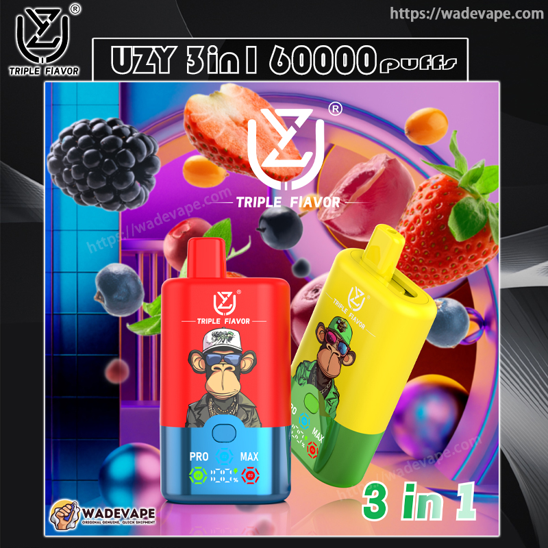 uzy 3in1 60000 puffs double three flavors switch original genuine 60k type c charging port led display customizable. fast shipping