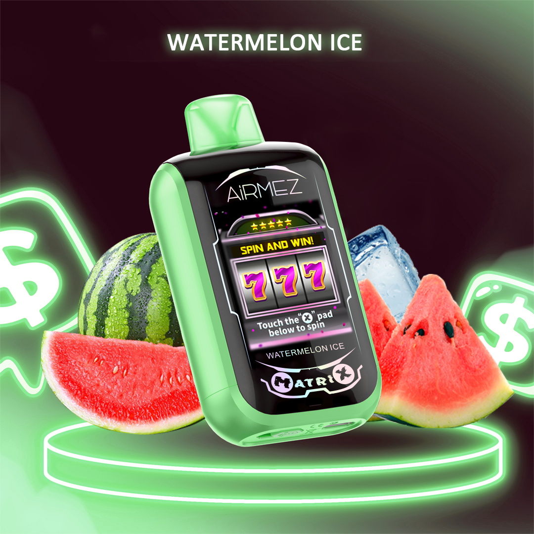 Green AiRMEZ Watermelon Ice vape device with a slot-machine '777' display, placed on a glowing neon platform beside watermelon slices and an ice cube with neon dollar signs in the background