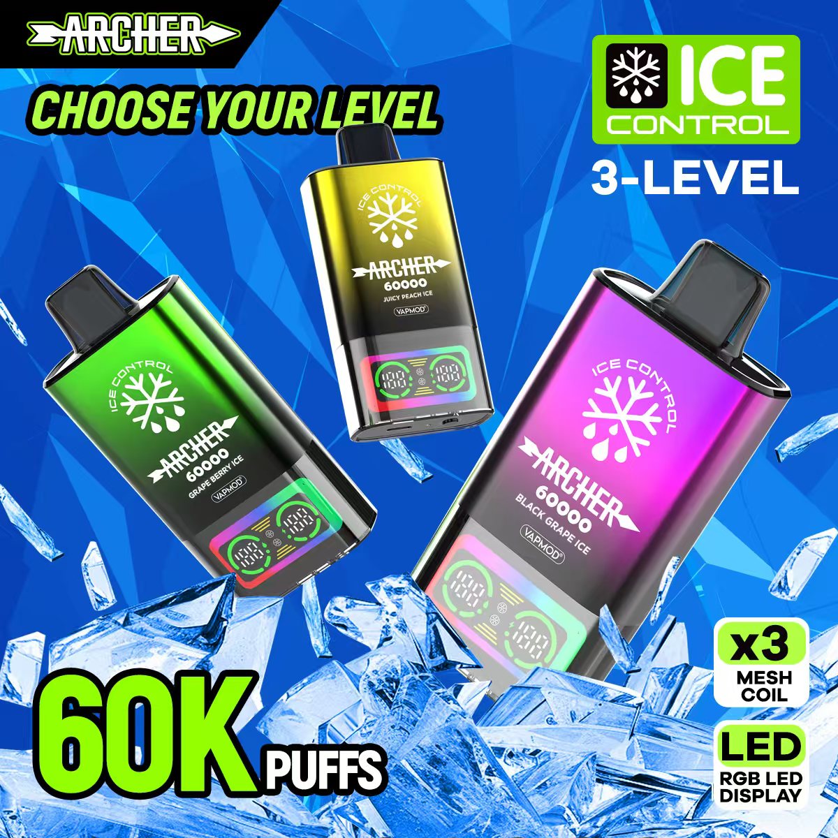 vapmod archer 60000 puffs original archer 60k disposable vape led display type c charging port customizable. fast shipping (copy)