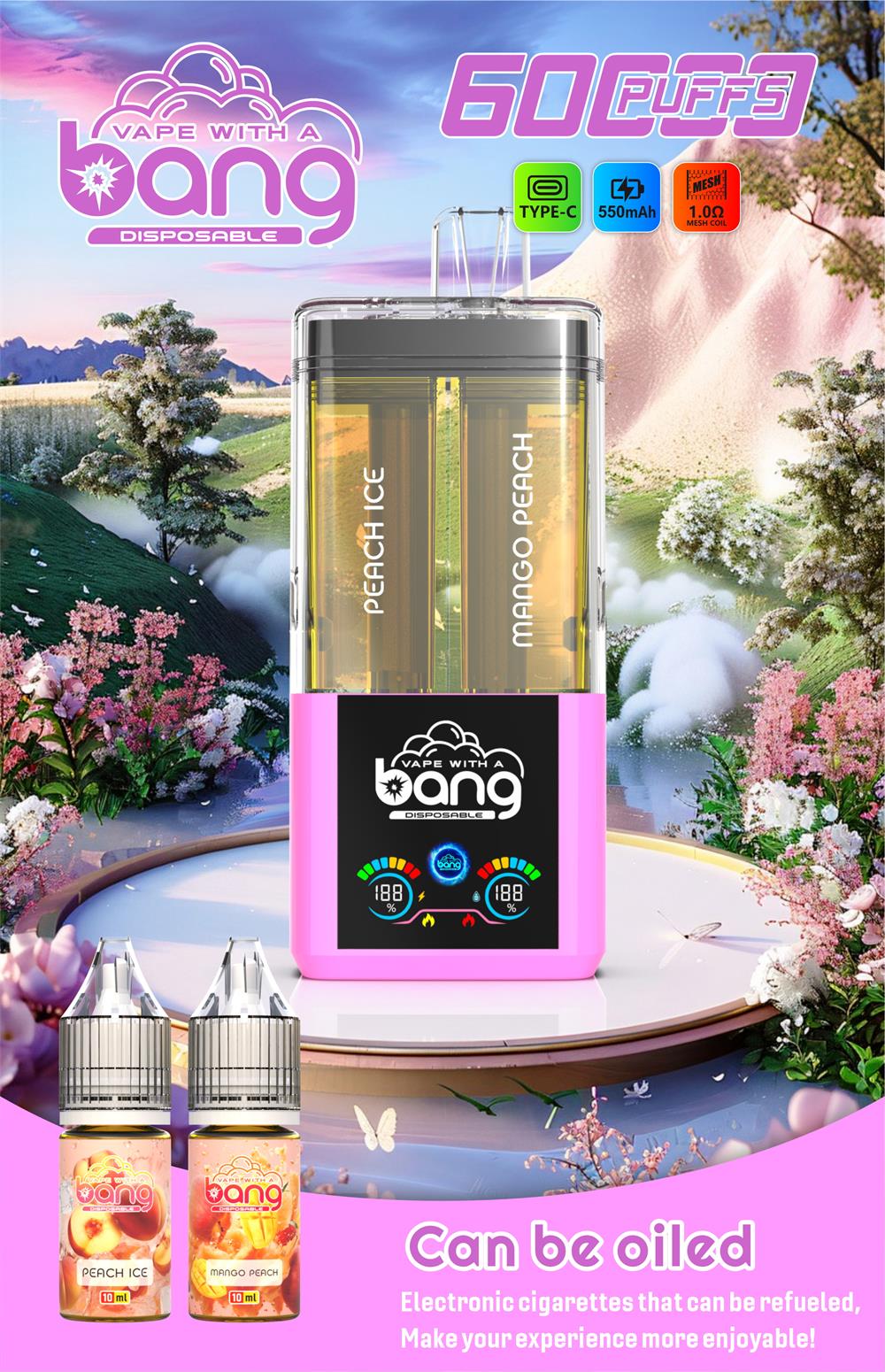 bang 60000 puffs original bang 2in1 60k can be filled with e liquid vape led display disposable e cigarettes customizable. fast shipping
