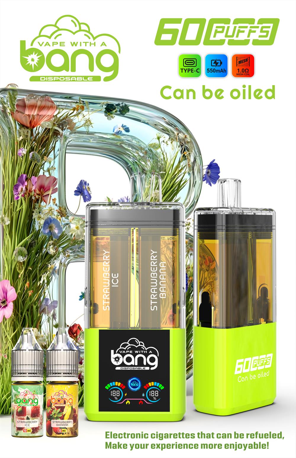 bang 60000 puffs original bang 2in1 60k can be filled with e liquid vape led display disposable e cigarettes customizable. fast shipping
