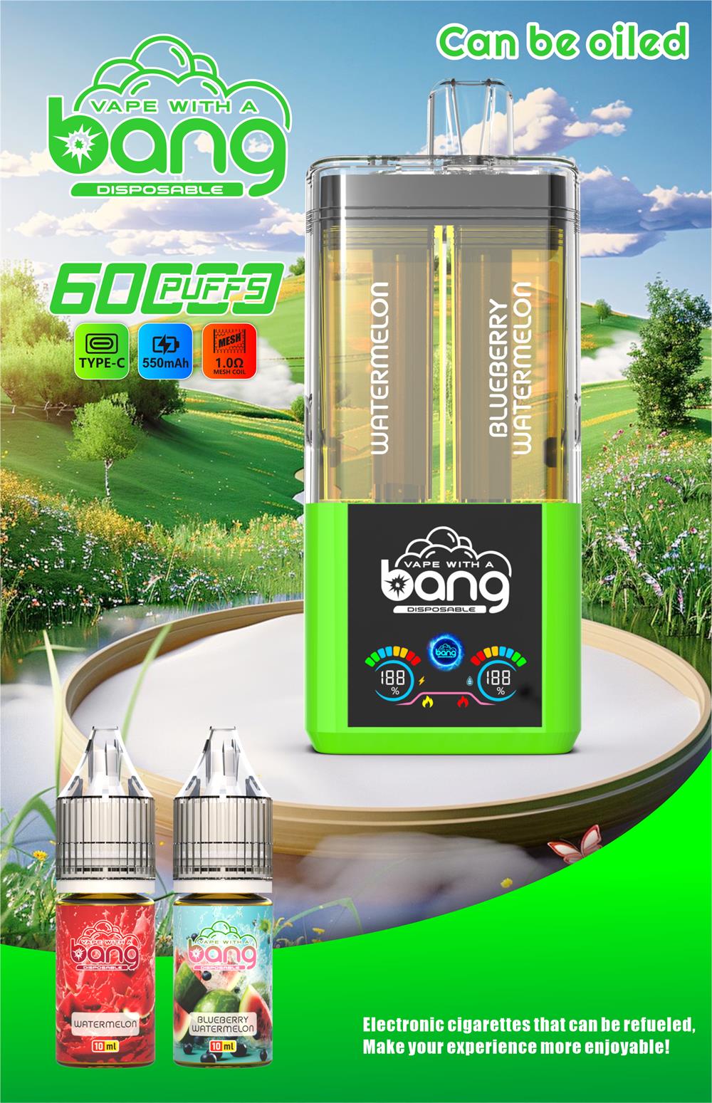 bang 60000 puffs original bang 2in1 60k can be filled with e liquid vape led display disposable e cigarettes customizable. fast shipping