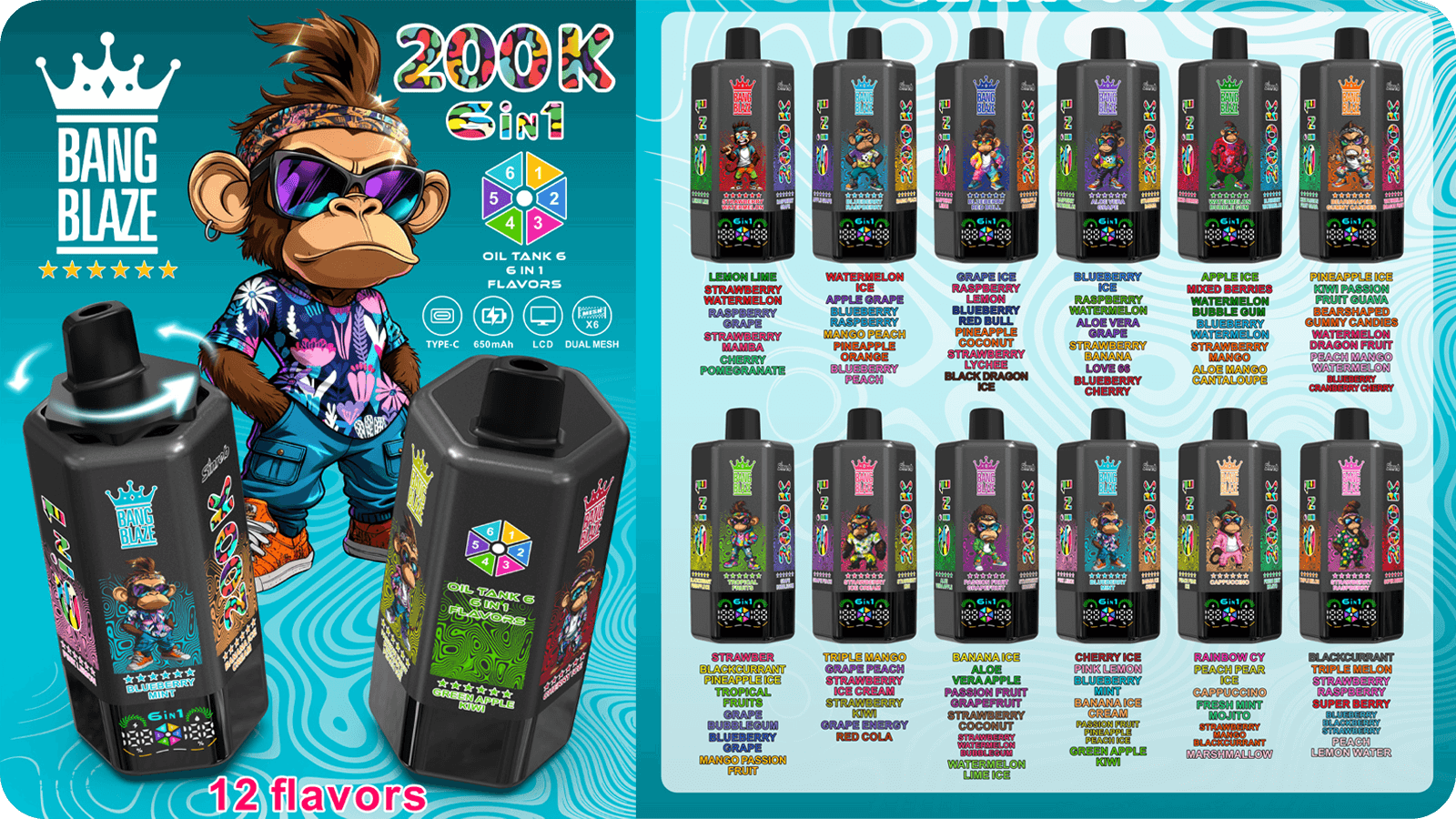 bang blaze 200000 puffs original bang blaze 200k 6 flavors in 1 vape led display type c port disposable e cigarettes customizable fast shipping