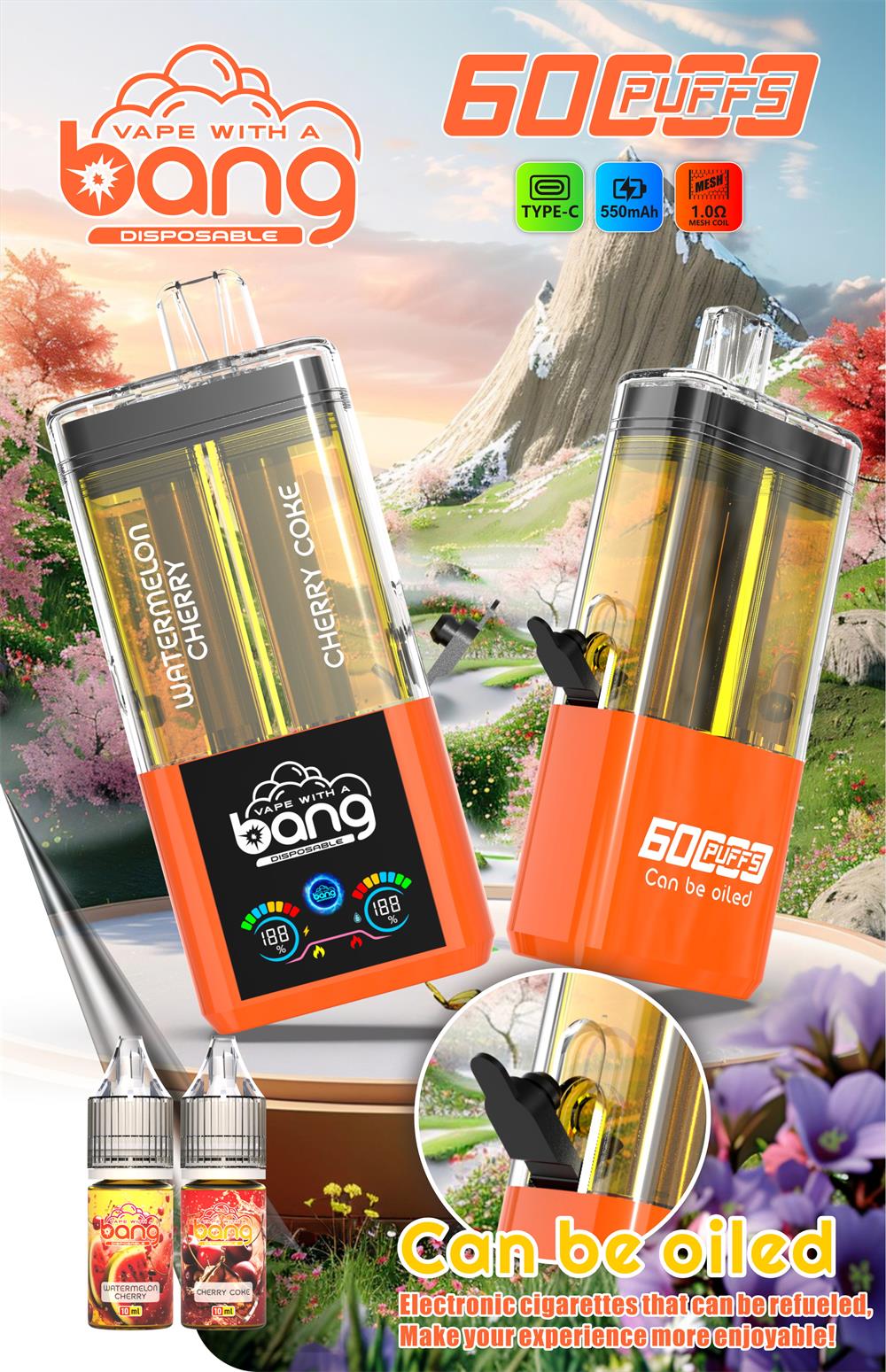 bang 60000 puffs original bang 2in1 60k can be filled with e liquid vape led display disposable e cigarettes customizable. fast shipping