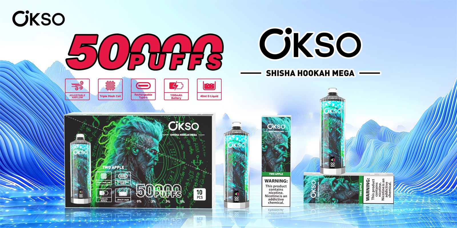 okso shisha 50000 puffs original okso shisha hookah mega 50k vape led display type c port disposable e cigarettes customizable fast shipping