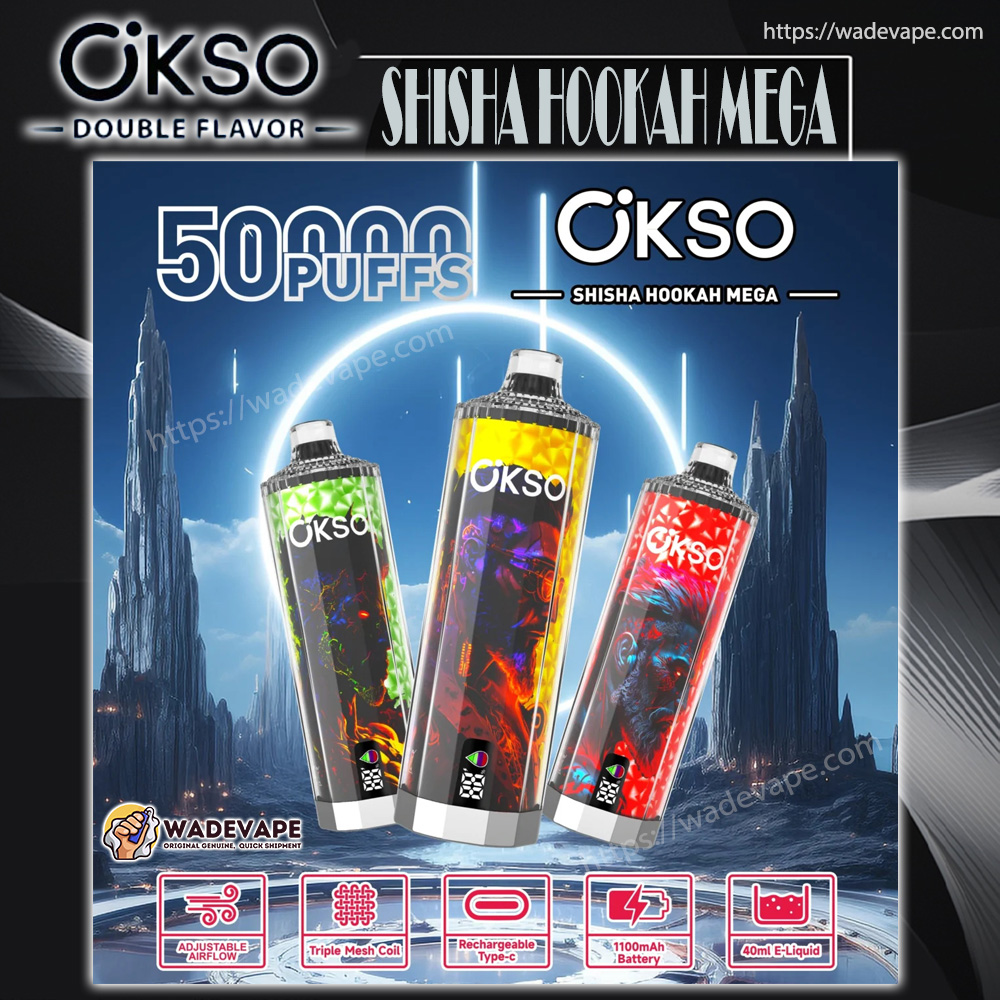 wadevape okso shisha 50000 puffs original okso shisha hookah mega 50k vape led display type c port disposable e cigarettes customizable fast shipping