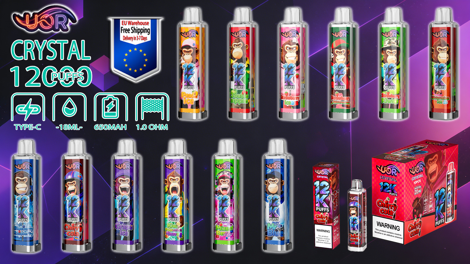 uor crystal 12000 puffs original uor crystal 12k vape cool rainbow lights disposable vape shipping from eu warehouse free shipping