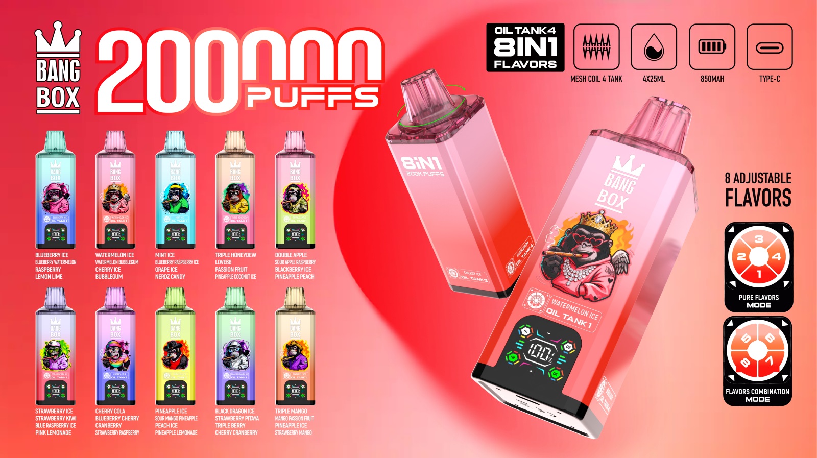 bang box 200000 zaciągnięć oryginalny bang box 8w1 200k vape wyświetlacz led typu c port jednorazowe e-papierosy konfigurowalny szybka wysyłka