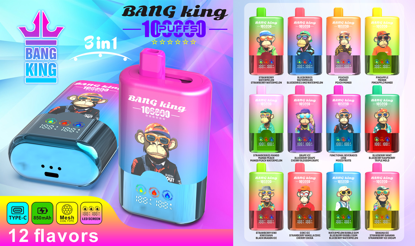 bang king 100000 soezen originele bang king 3in1 100k vape led display type c poort wegwerp e sigaretten aanpasbare snelle verzending