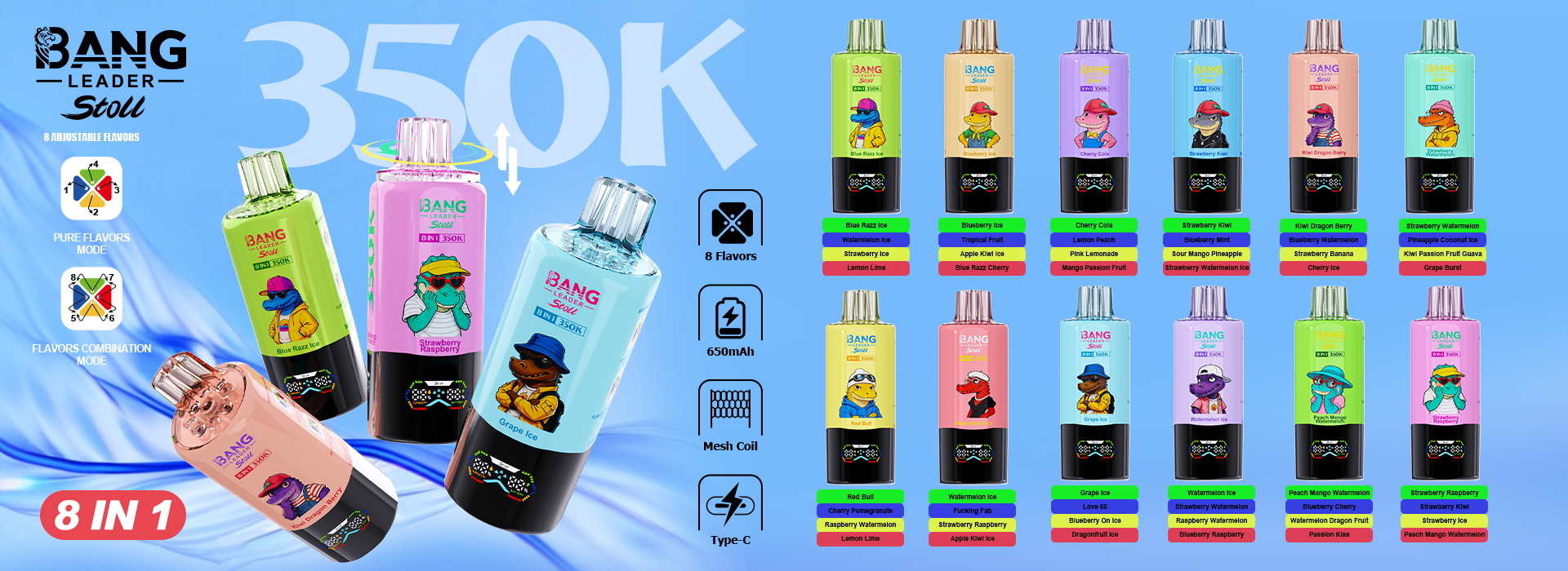 bang leader 350000 puffs original bang leader stoll 350k 8 flavors in 1 vape led display disposable e cigarettes customizable fast shipping