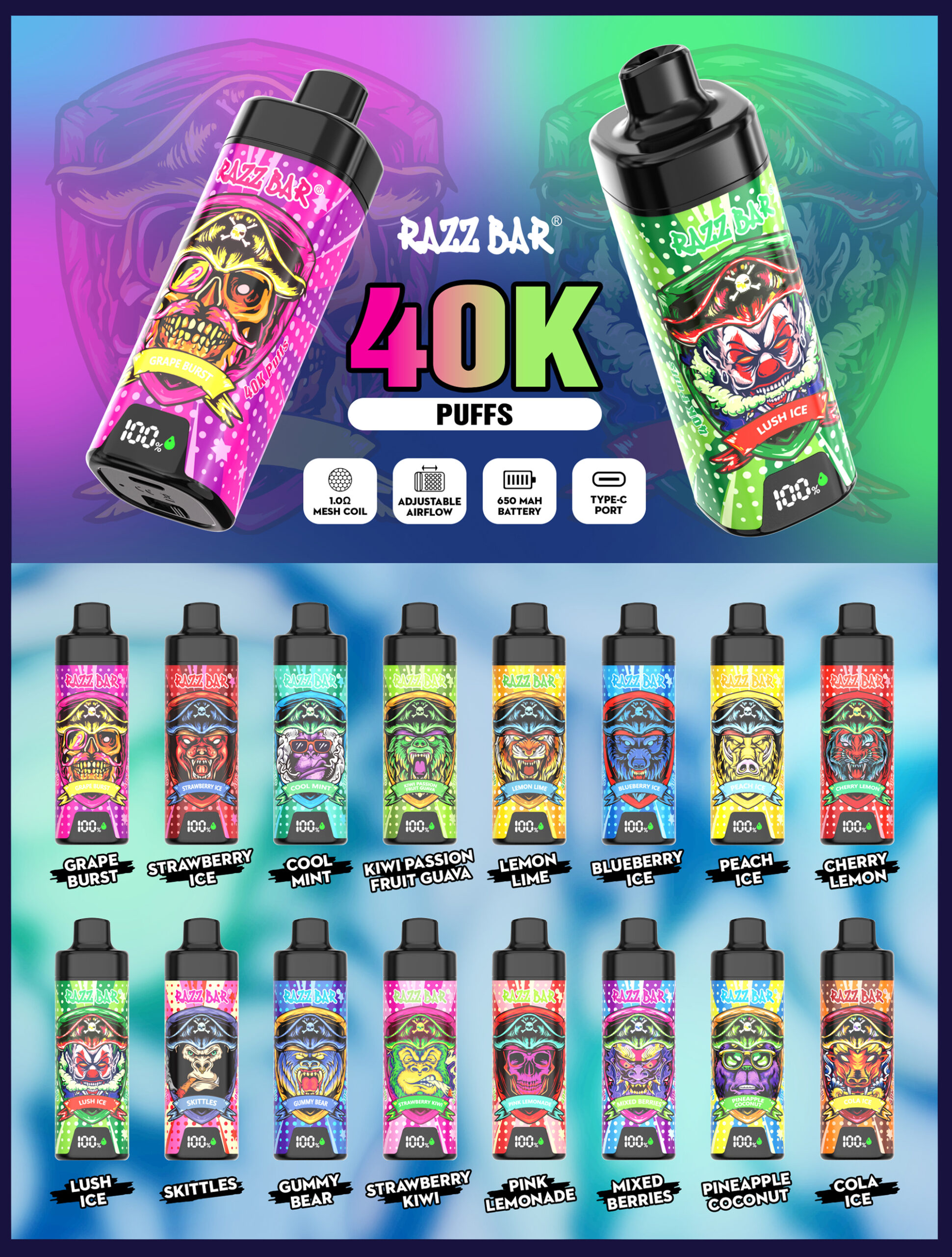 Razz Bar 40000 bouffées de vape jetable | affichage LED bobine de maille à débit d'air réglable | rechargeable type C 650mah | entrepôt européen livraison 3 à 5 jours (copie)