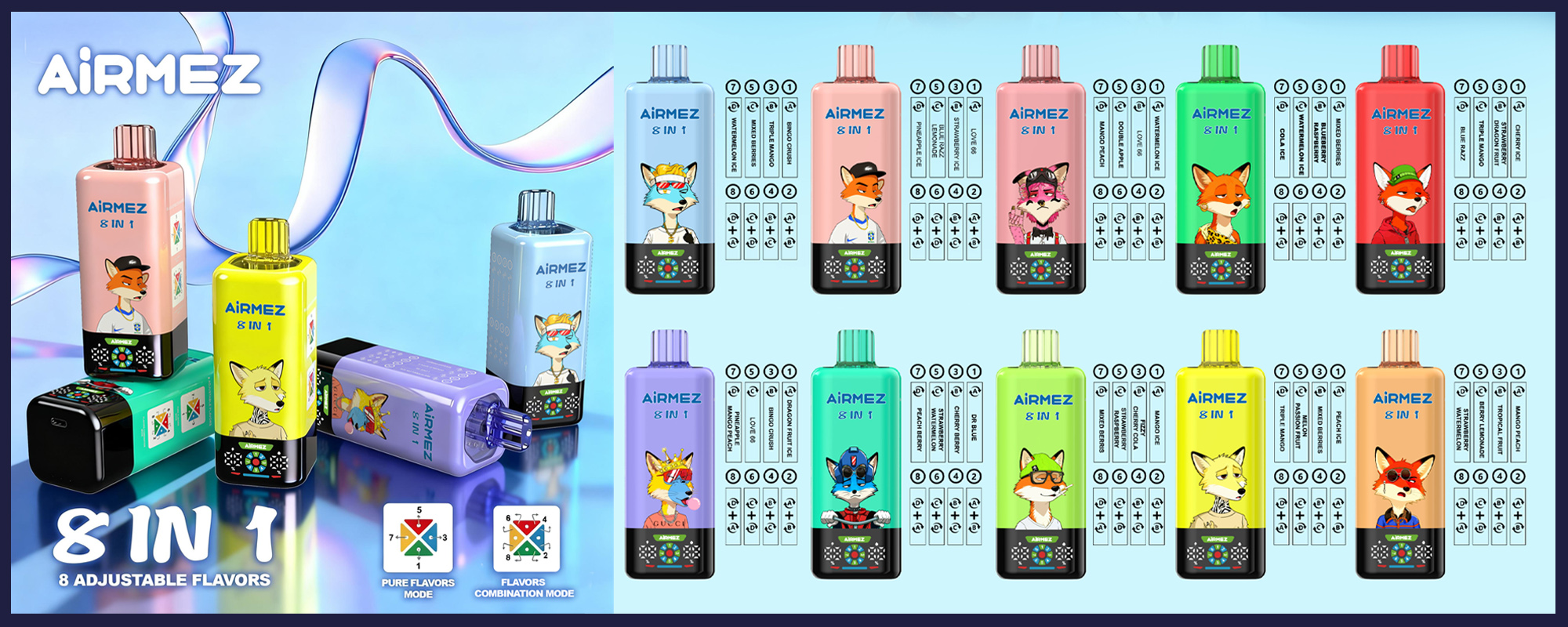 Airmez 8 en 1 160000 bouffées de vape jetable _ XX742 _ bobine de maille rechargeable vape multi-saveur _ XX742 _ type c charge rapide