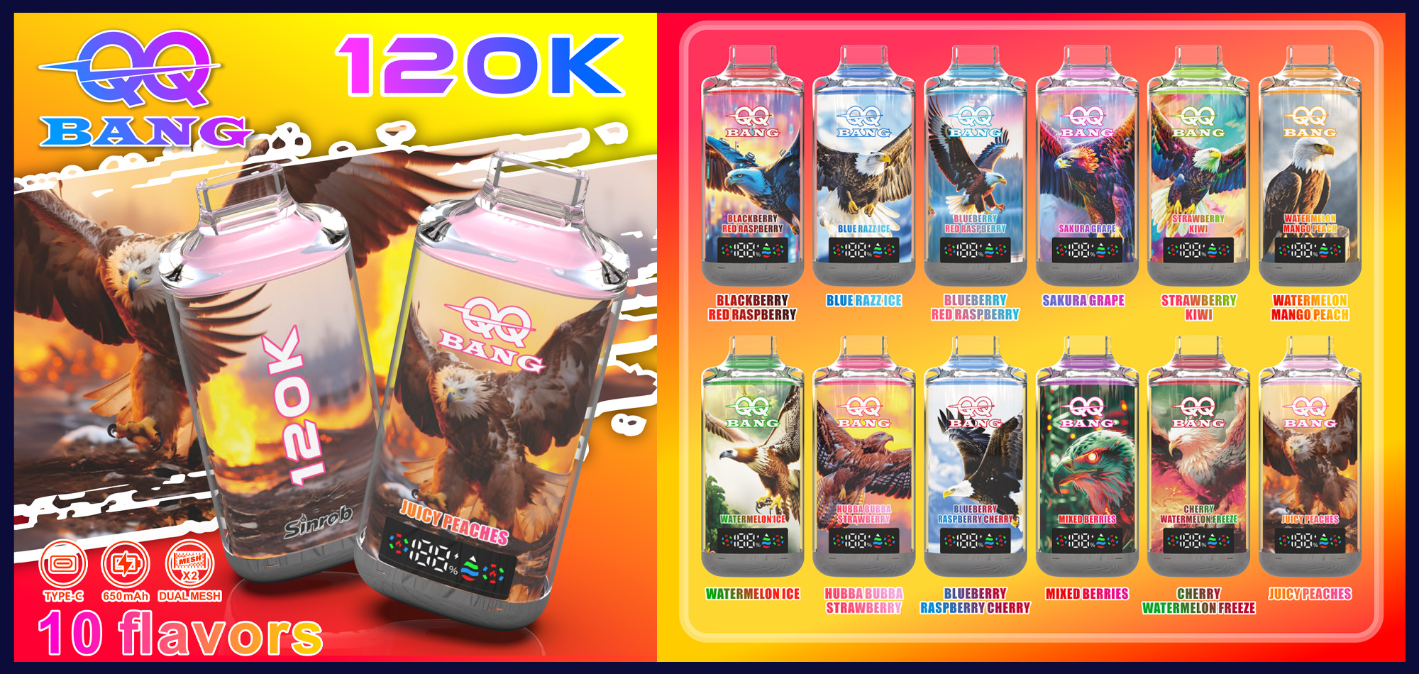 QQ Bang 120000 bouffées de vape jetable 12 options de saveur liste sélection de saveur unique vape à affichage LED à double maille