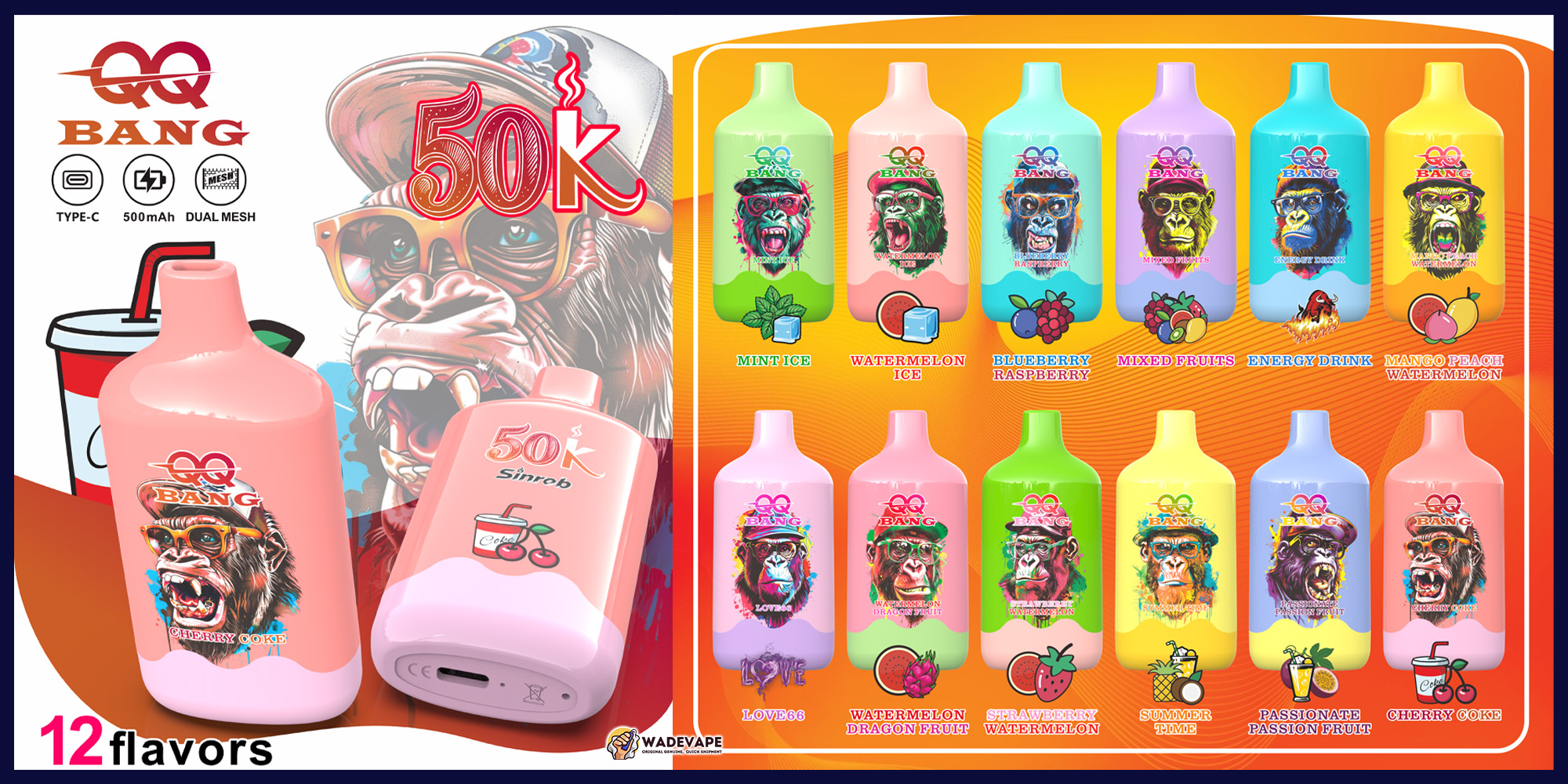 Qq bang 50000 bouffées de vape jetable | rechargeable type c bobine à double maille 50k vape