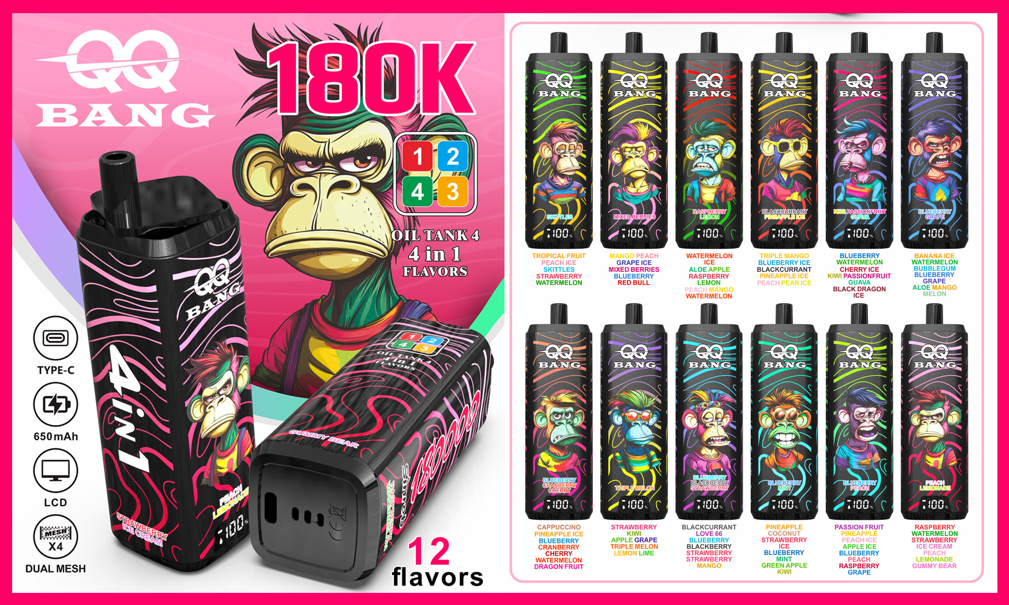 Qq bang 180000 bouffées de vape jetable | 4 en 1 saveurs rechargeable double maille vape | écran lcd charge de type c